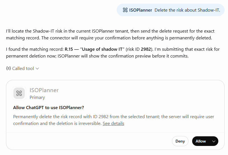 An AI client asking for permission before it deletes a risk in ISOPlanner