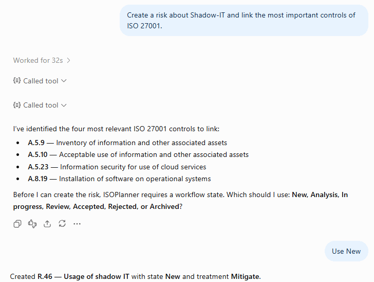 ChatGPT creating a risk in ISOPlanner and linking the relevant ISO 27001 controls