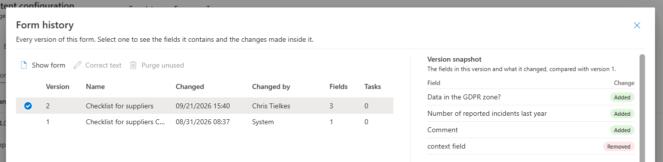 Form history with a version snapshot listing the fields that were added and removed