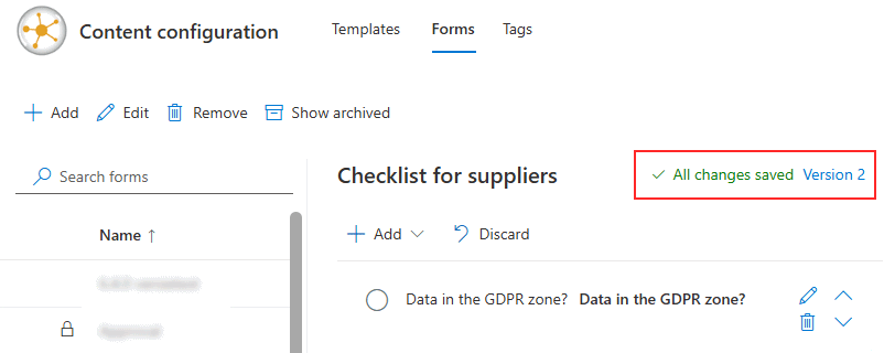 A form in content configuration showing that changes were saved as version 2