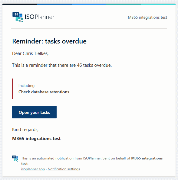 A task reminder in the new ISOPlanner notification email layout