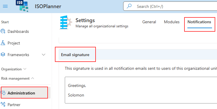 The email signature field under Settings, Notifications