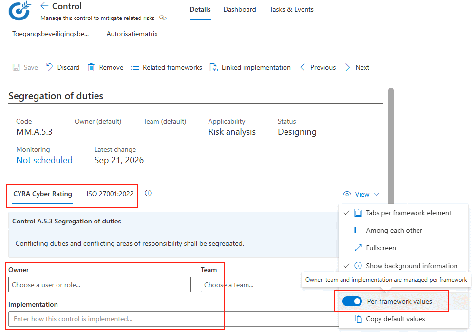 A control with a tab per framework and the per-framework values option switched on in the View menu