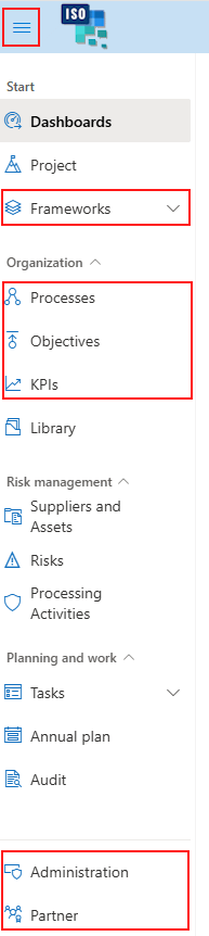 The grouped main menu, with the Frameworks group, the Organization group, and Administration and Partner Center at the bottom